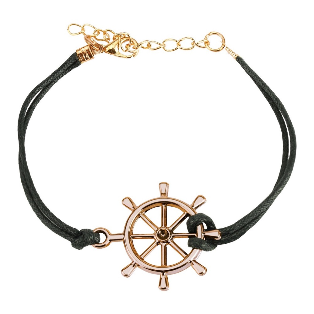 Black and gold ship wheel leather bracelet